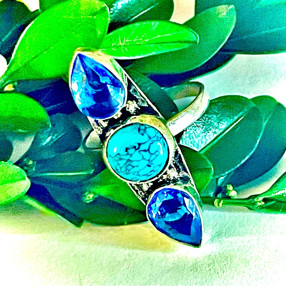 New 925 Sterling Silver Blue Imperial Topaz Turquoise Artisten 3 Tier Ring - Picture 5 of 17
